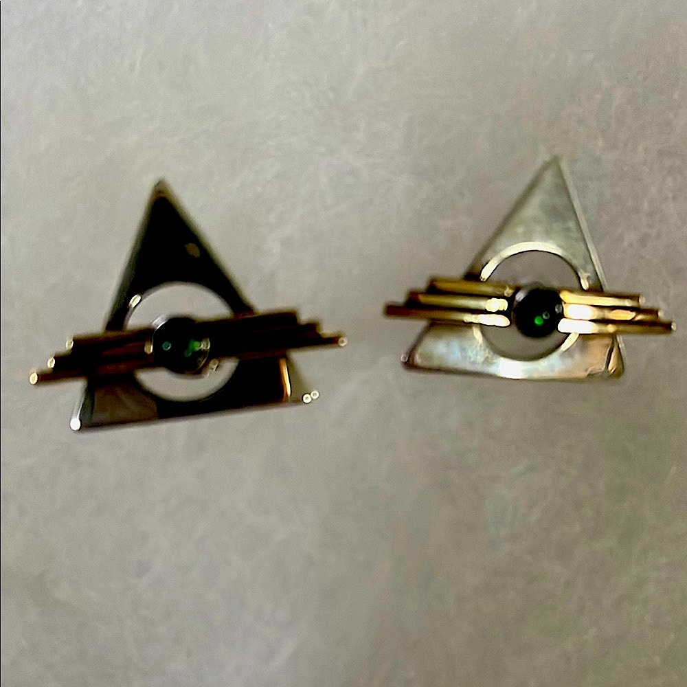 Mid century Modernistic triplet silver  and Gold Triangle Earrings - Picture 2 of 10